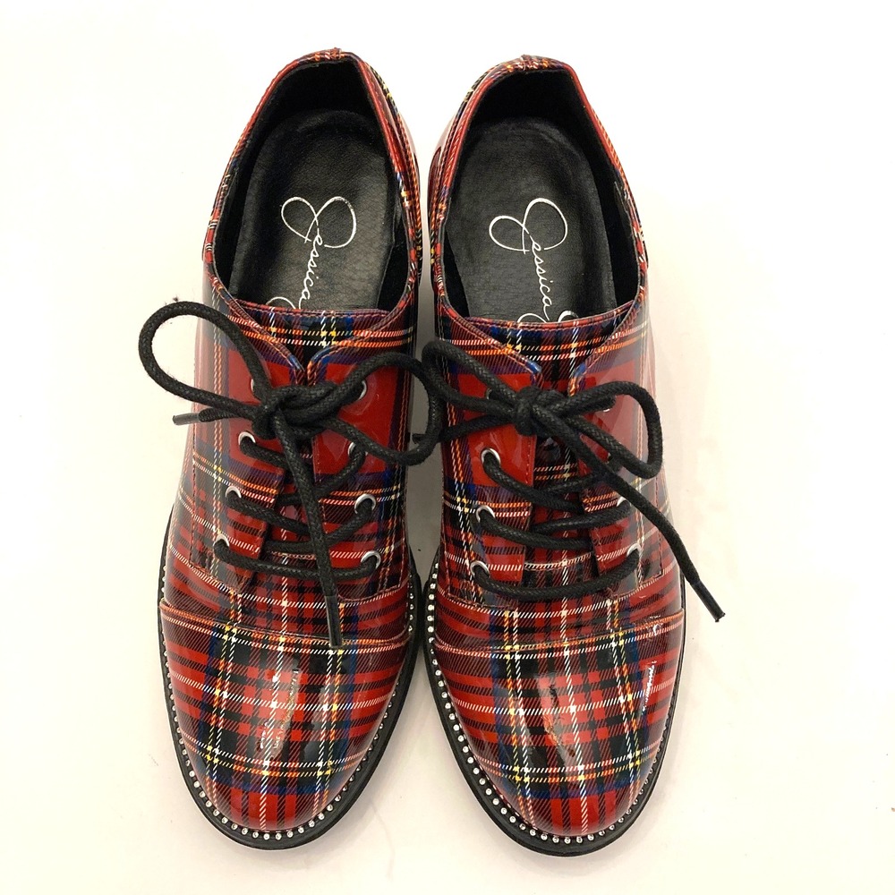 Jessica Simpson Resina Heeled Oxfords Red Plaid Patent Faux Leather Womens 7 M - Picture 1 of 11